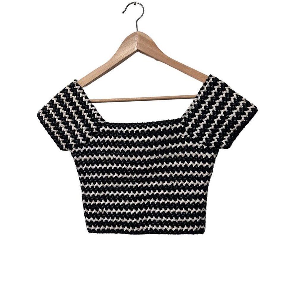 Wyldr Laced In Leather Black White Crop Top Bardot Neckline Retro Size Small